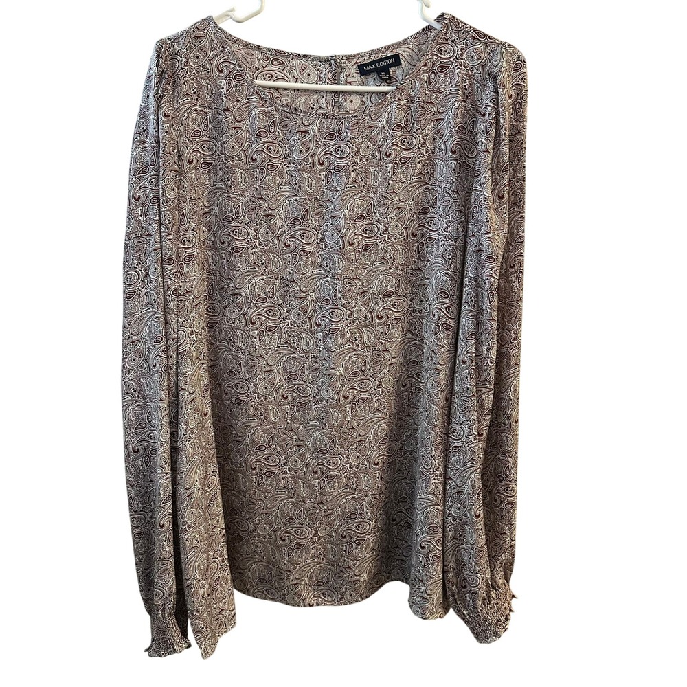 MAX EDITION Women's Paisley Print Long Sleeve Smocked Cuff Blouse XL